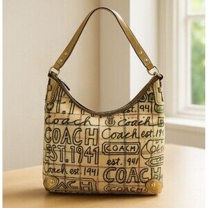 Coach Tattersall Shoulder Bag Gold Graffiti Hobo Bag Canvas Purse Handbag F13309
